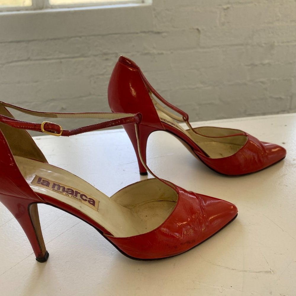 LA MARCA VINTAGE HIGH HEEL CHERRY RED PATENT LEATHER T-STRAP SHOES SIZE 7 1/2"